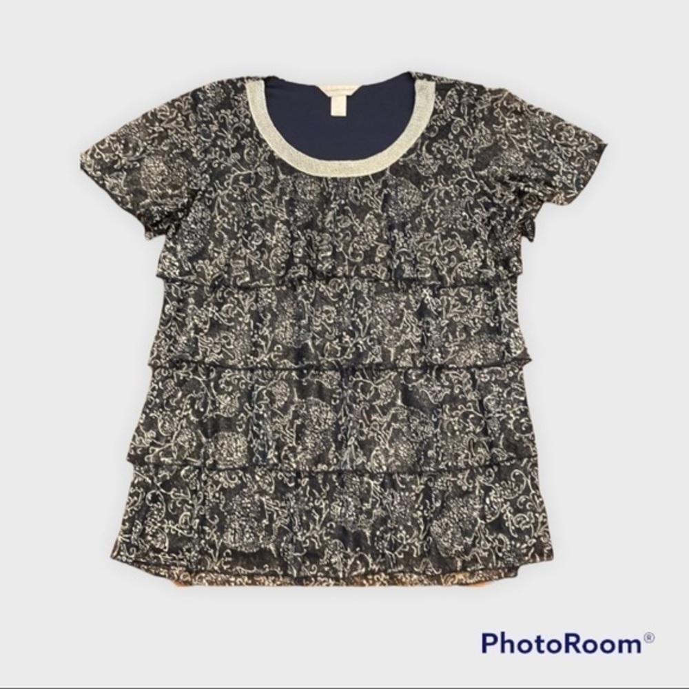 Christopher and Banks Blue and silver ruffle top 038 - Picture 1 of 4